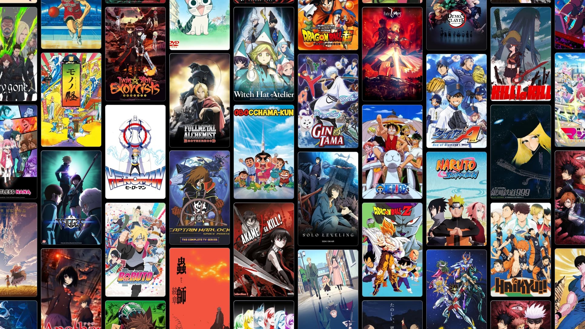 A wall of anime series artwork on the AniBiz website, including One Piece, Dragon Ball Z, Naruto Shippuden and Haikyu!!