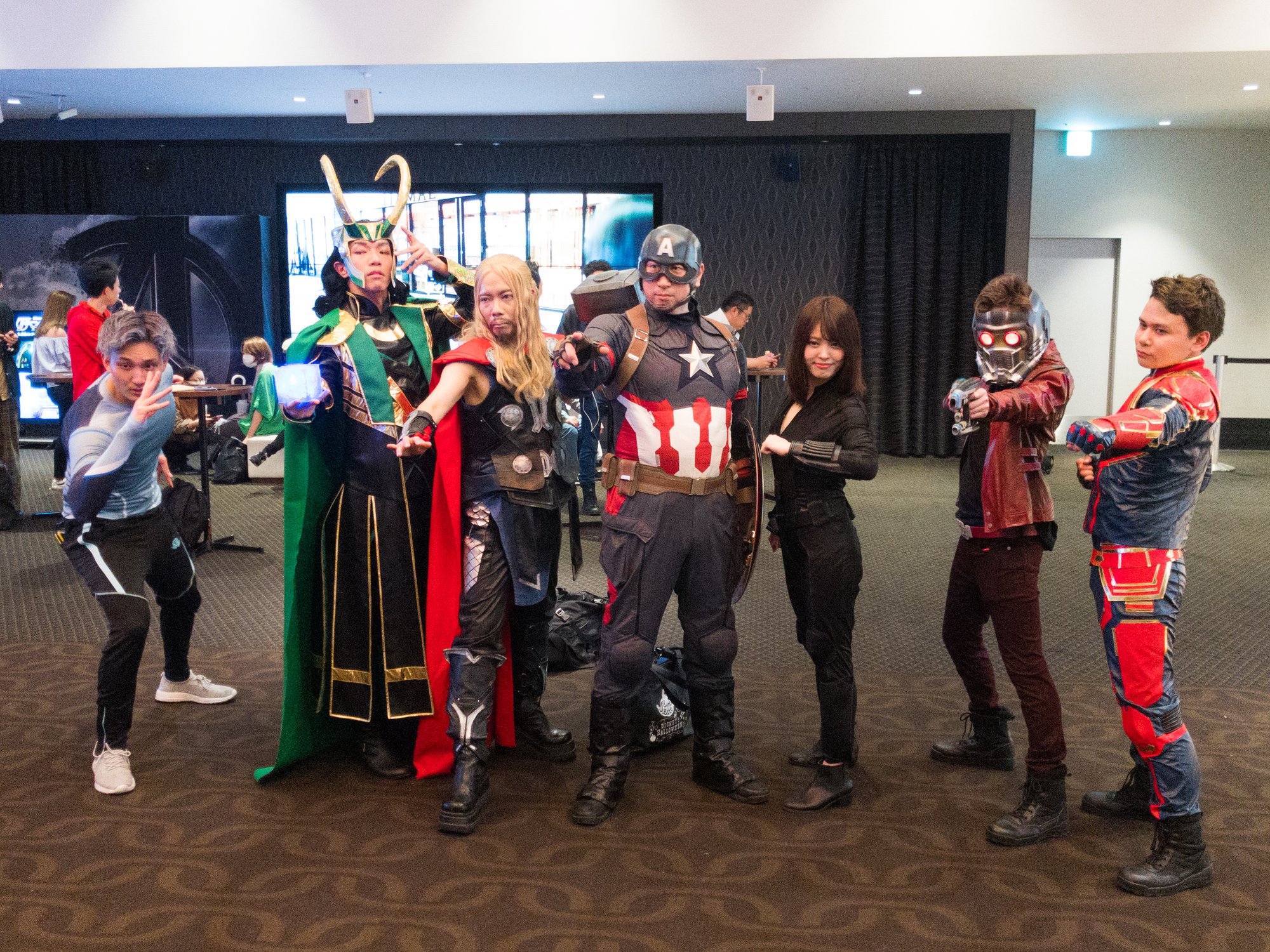 Cosplaying fans at the Avengers: Endgame first screening event in Tokyo, 2019