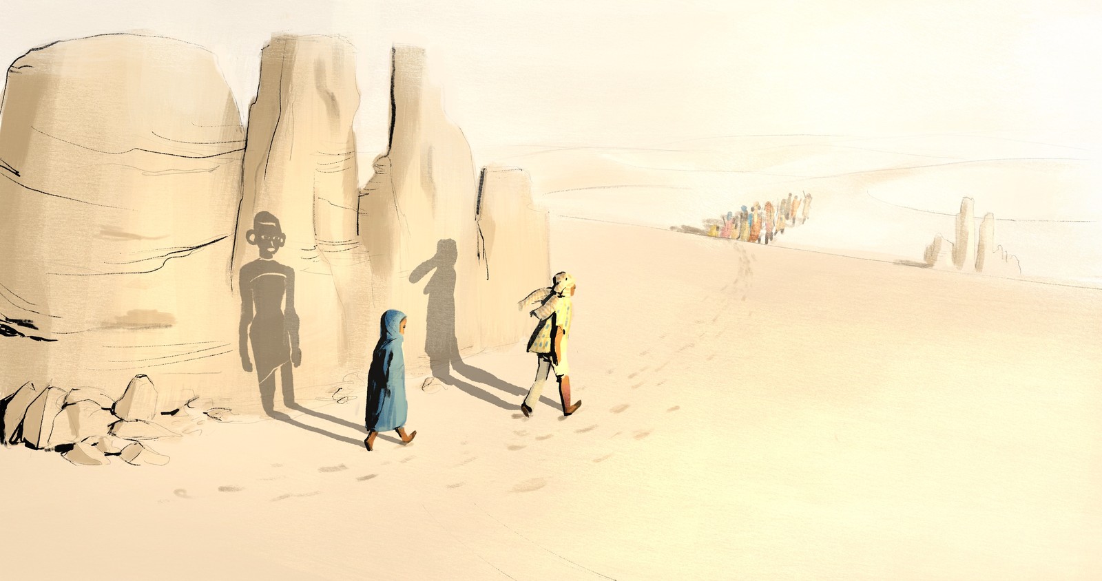 Two figures, one in a blue hooded coat, cross desert sand past tall rocks casting giant shadows, in Aya en el desierto art