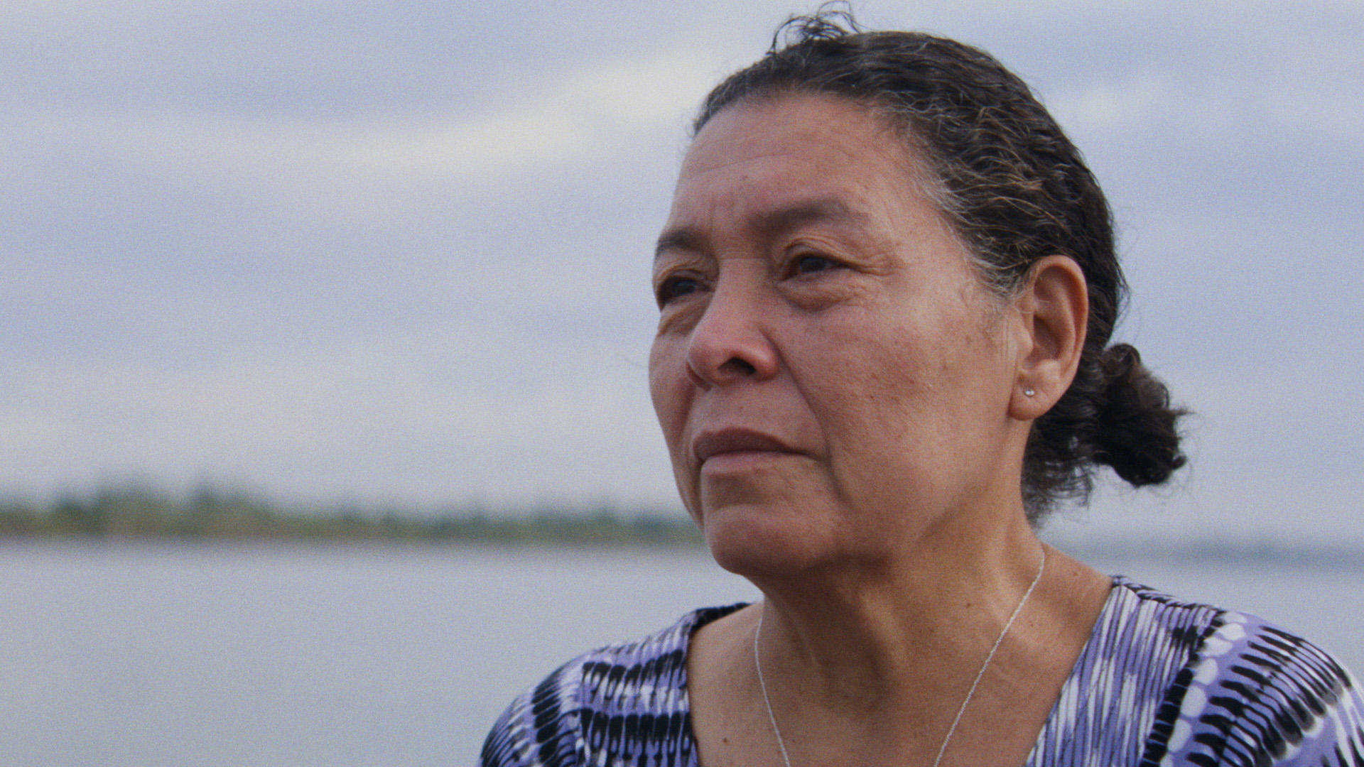 A middle-aged woman with her hair tied back looks out across a wide river under a grey sky, in Five Years, Four Months