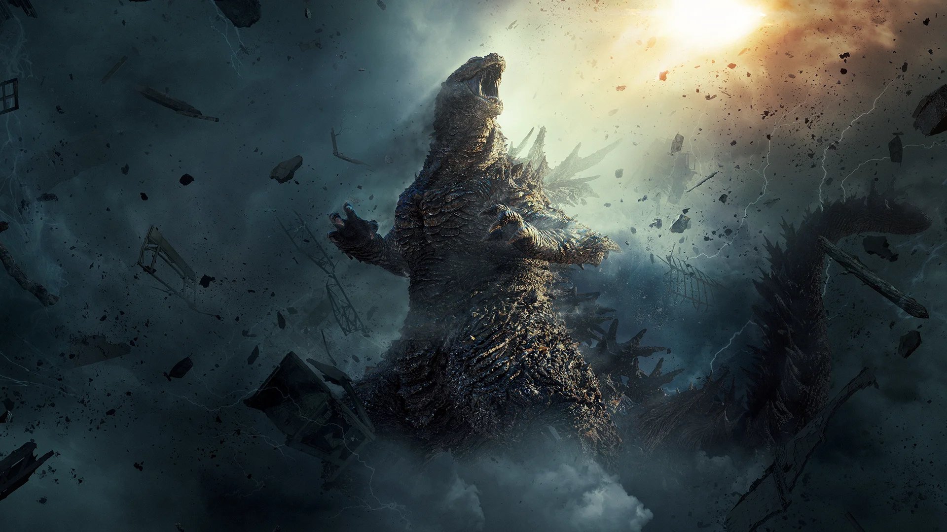 Godzilla roaring upwards through a storm of flying debris and smoke, with sunlight breaking through dark clouds behind it