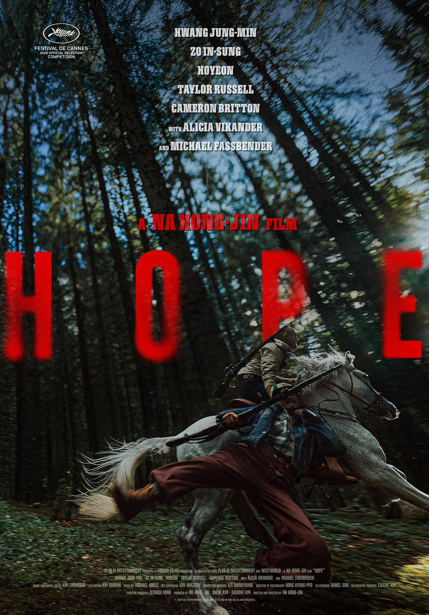 Poster for Hope: a man on a white horse gallops through a pine forest carrying another man, under the title in large red letters