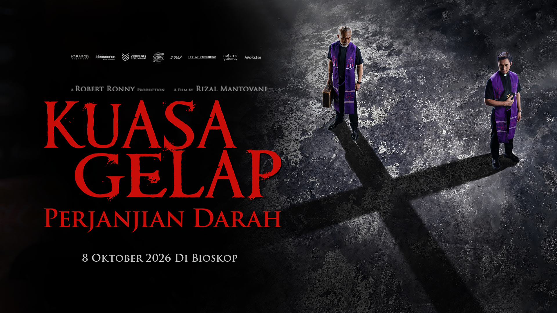 Two priests in purple stoles stand on a dark cracked floor, their shadows forming a cross, beside the red title Kuasa Gelap Perjanjian Darah