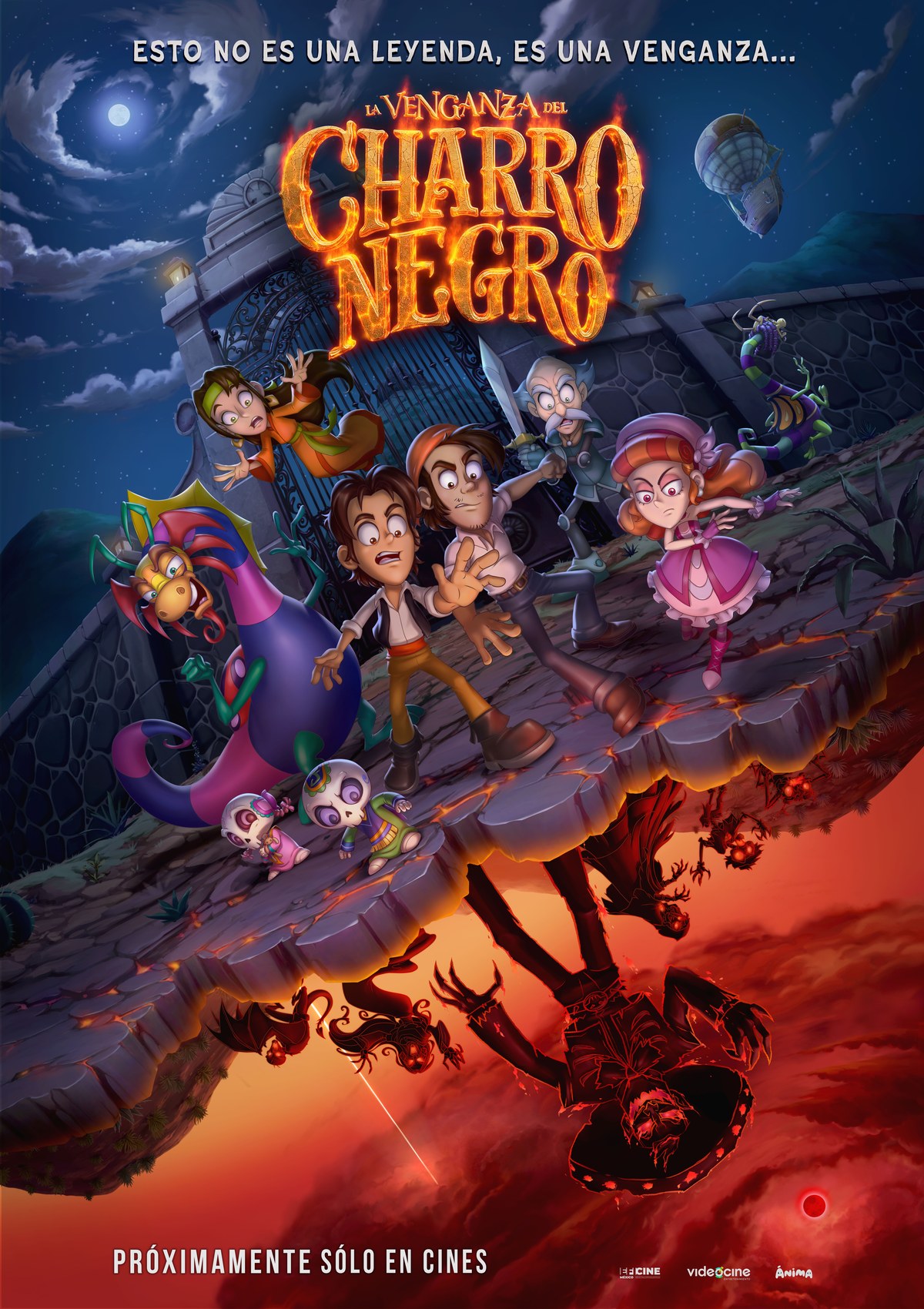 Poster for La venganza del Charro Negro: Leo San Juan and his friends on a stone ledge, the Charro Negro upside down below in red