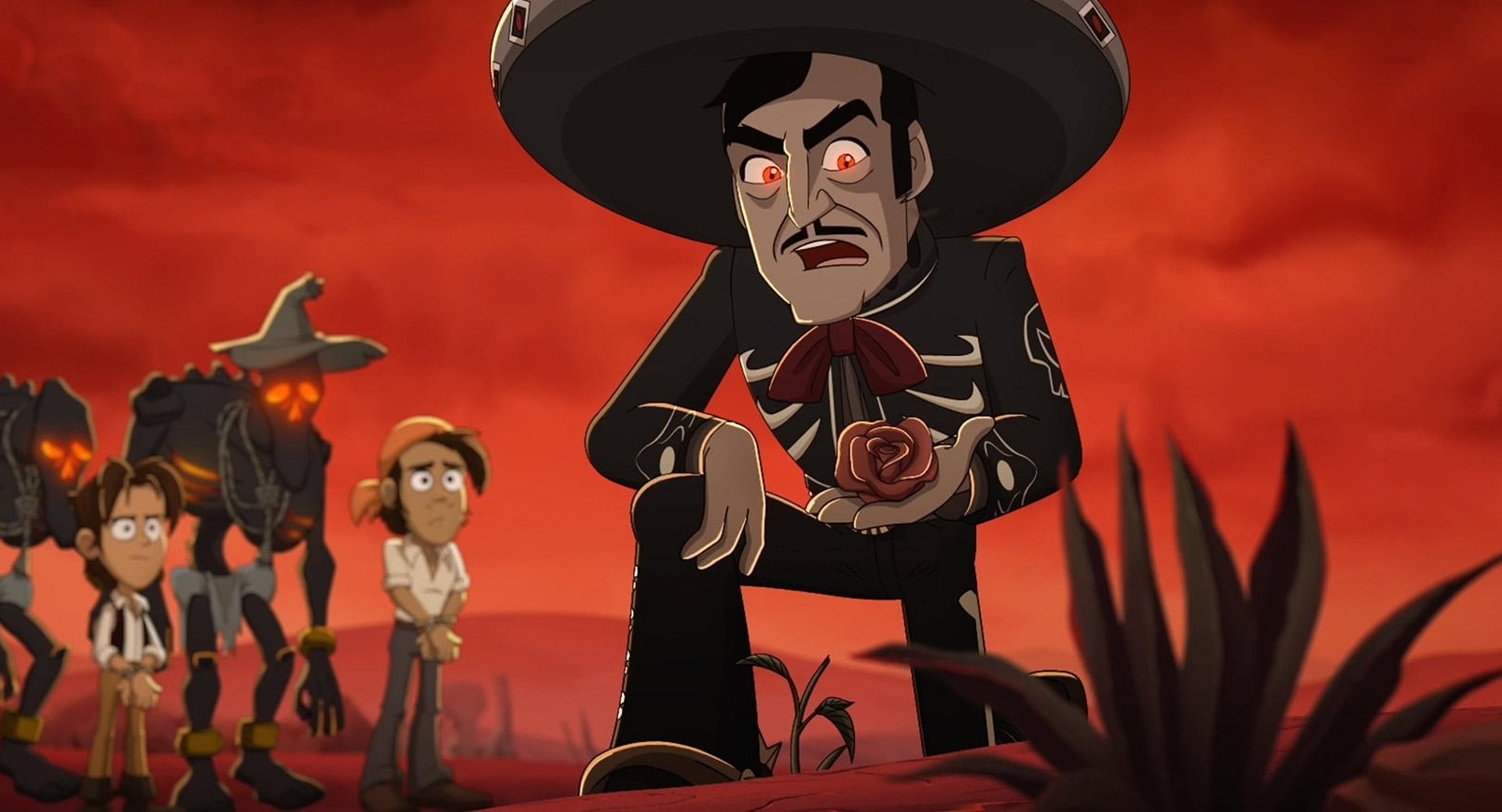 The Charro Negro, in a black sombrero and skeleton-trimmed suit, kneels holding a rose before two boys and skeletal horses