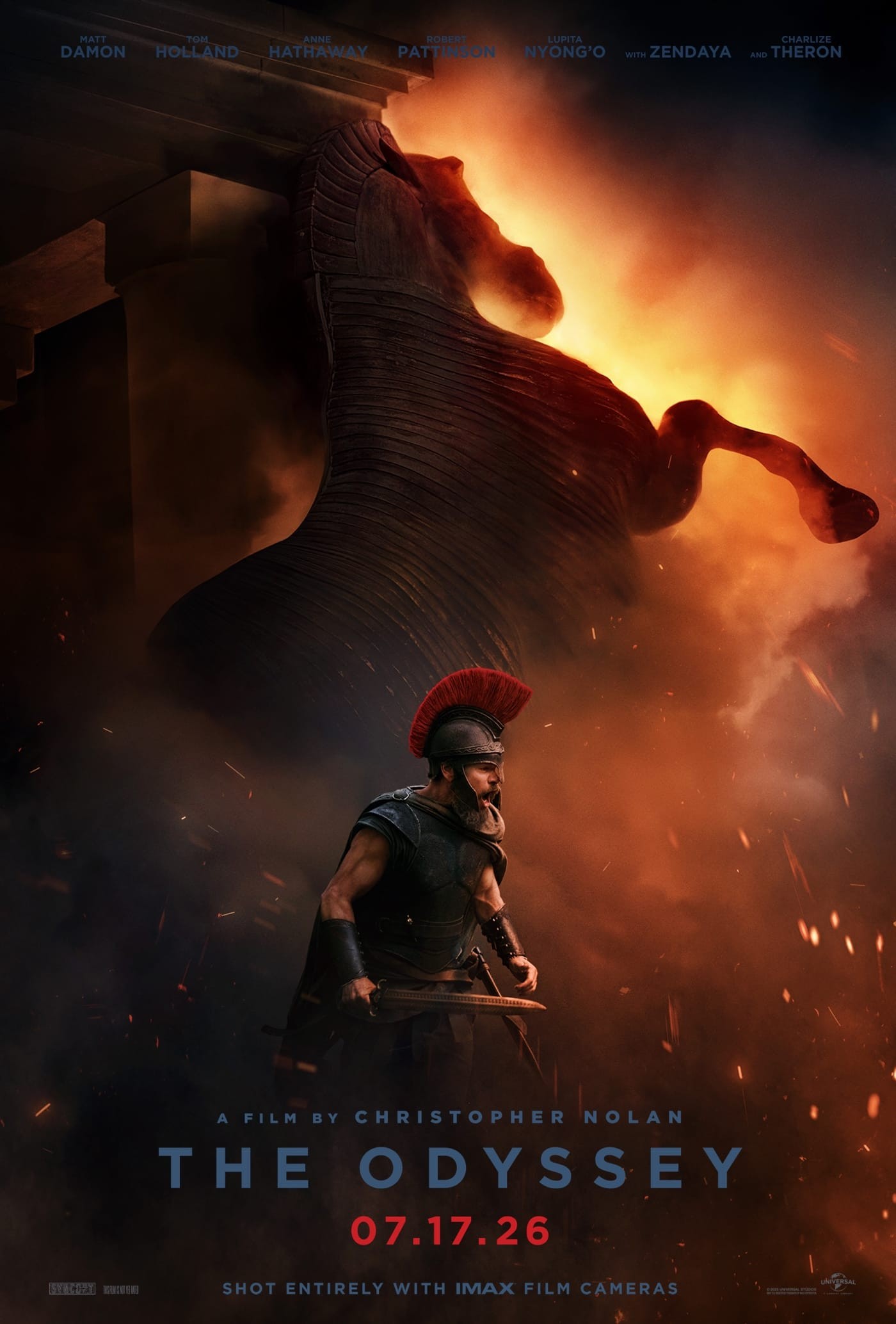 Poster for The Odyssey showing a warrior with a sword silhouetted against fire and smoke