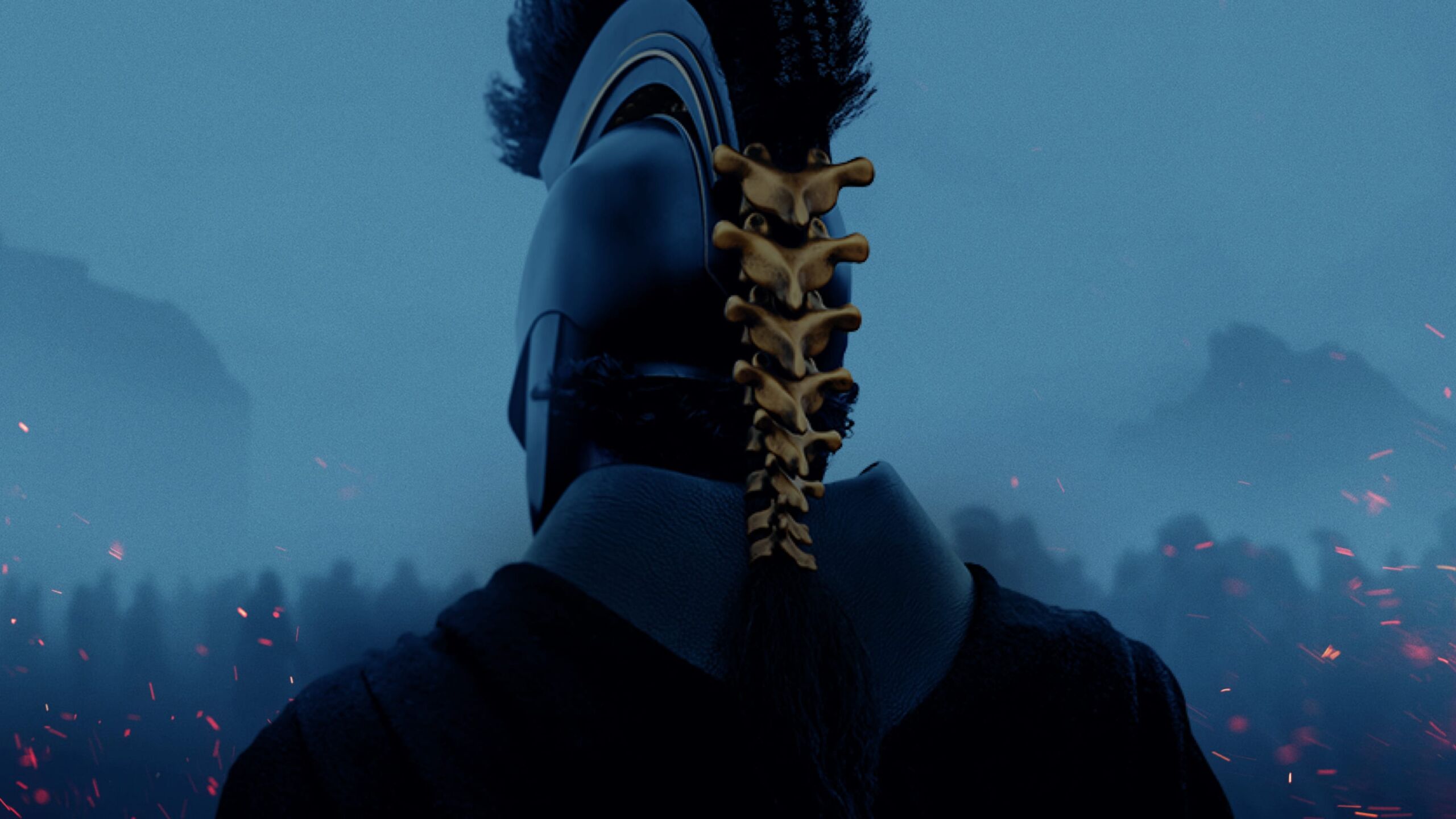 A warrior in a dark crested helmet, seen from behind, faces a misty battlefield lit by embers, in an image from The Odyssey