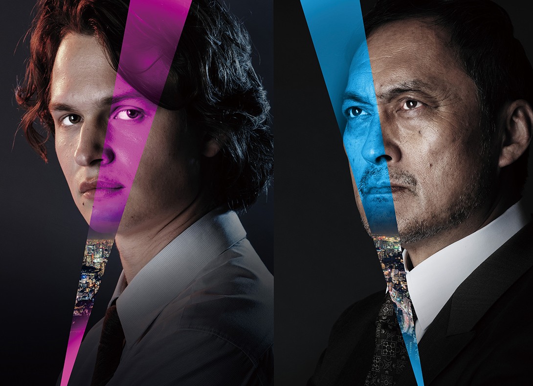 Ansel Elgort and Ken Watanabe, faces split by pink and blue light, in Tokyo Vice season 2 key art