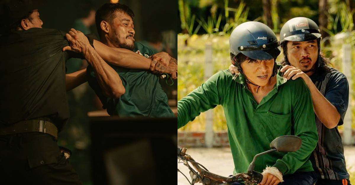 Two stills side by side: a man held in a headlock during a brawl, and two men in helmets riding a motorbike, from Trại buôn người